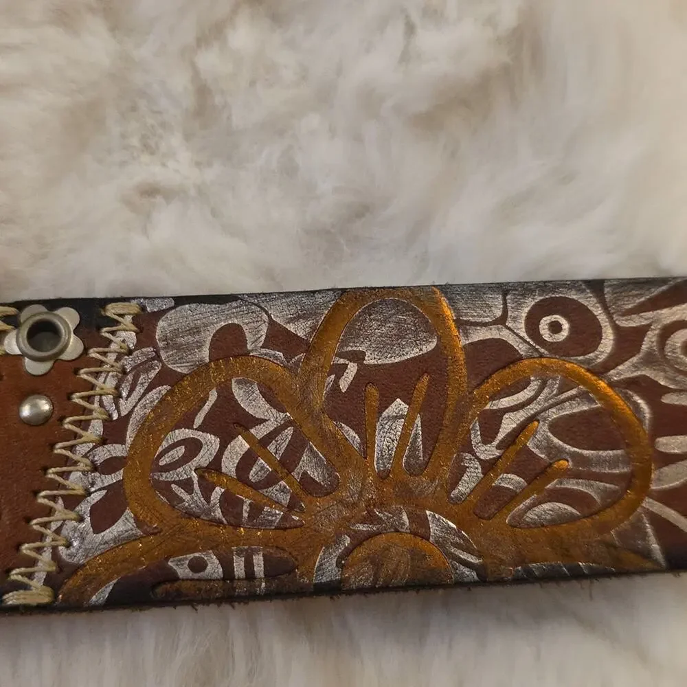 Vintage Fossil Y2k Belt Brown Leather Metallic Accents Studding Womens M